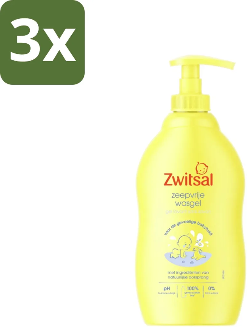 3 x Zwitsal - Babyverzorging - Zeepvrije Wasgel - Voor de Gevoelige Babyhuid - 400 ml - Babywasgel - Zeepvrije Wasgel - Babyhuid Verzorging - Milde Wasgel - Gevoelige Huid van Zwitsal – productfoto