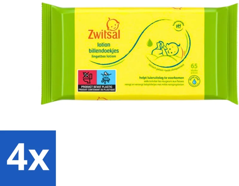 4 x Zwitsal - Babyverzorging - Billendoekjes Lotion - Voor de Gevoelige Babyhuid - 65 Doekjes - Babybillendoekjes - Billendoekjes Lotion - Luieruitslag - Babyhuid - Zachte Billendoekjes de Zwitsal – photo produit