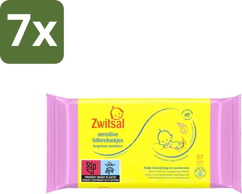 7 x Zwitsal - Babyverzorging - Billendoekjes Sensitive - Voor de Gevoelige Babyhuid - 57 Doekjes - Babybillen - Luieruitslag - Zwitsal Doekjes - Gevoelige Huid - Billetjes Verzorging de Zwitsal – photo produit