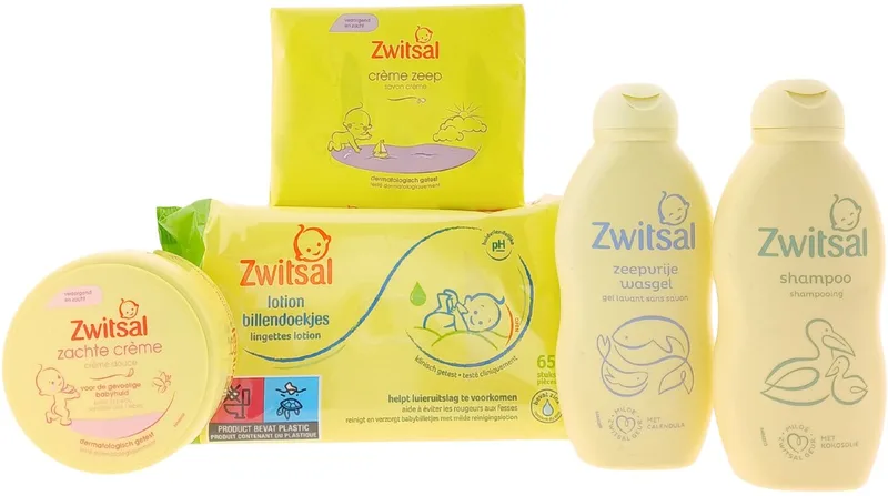 Baby Cadeauset Verzorgingsset Compleet - Zeep - Shampoo = Wasgel - Creme - Billendoekjes - Kraampakket från Zwitsal i Gul – produktbild