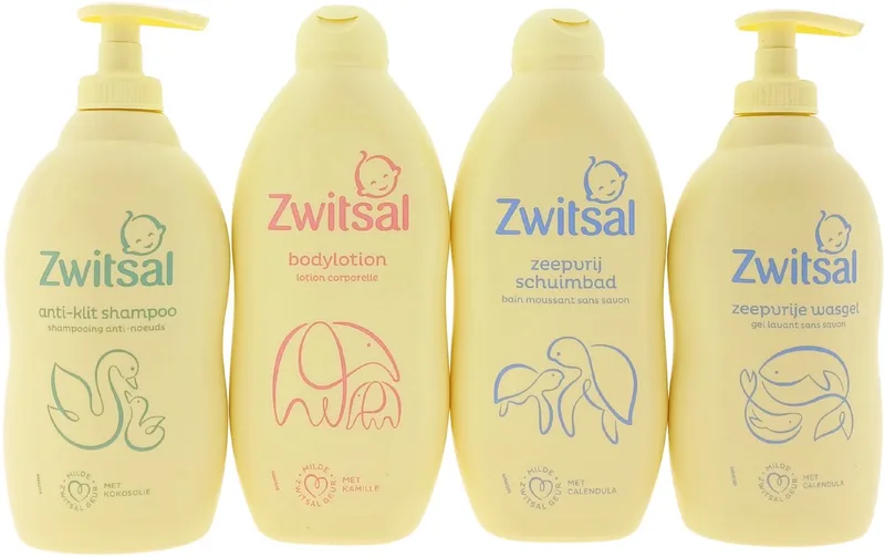Baby Cadeauset Verzorgingsset Groot Formaat 4x400 ml - Kraamcadeau van Zwitsal in Geel – productfoto