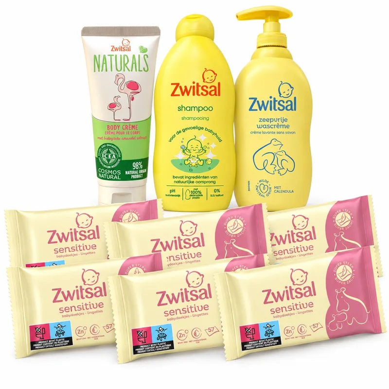 Baby Verzorgingsset – 9-delig – 6x Sensitive Babydoekjes + Shampoo + Zeepvrije Wascrème + Naturals Body Crème by Zwitsal – product photo