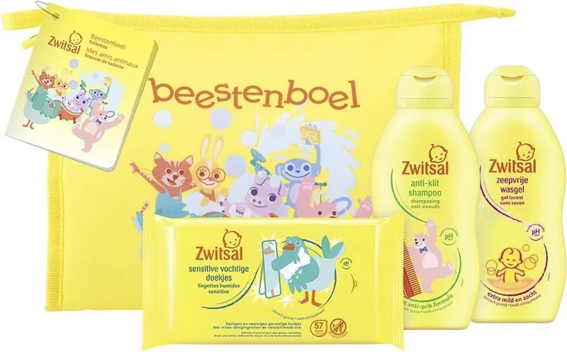 Beestenboel gevulde Toilettas met Zwitsal Anti Klit Shampoo + Zwitsal Zeepvrije Wasgel + Zwitsal Babydoekjes Sensitive ** Zwitsal Cadeau ** van Zwitsal – productfoto
