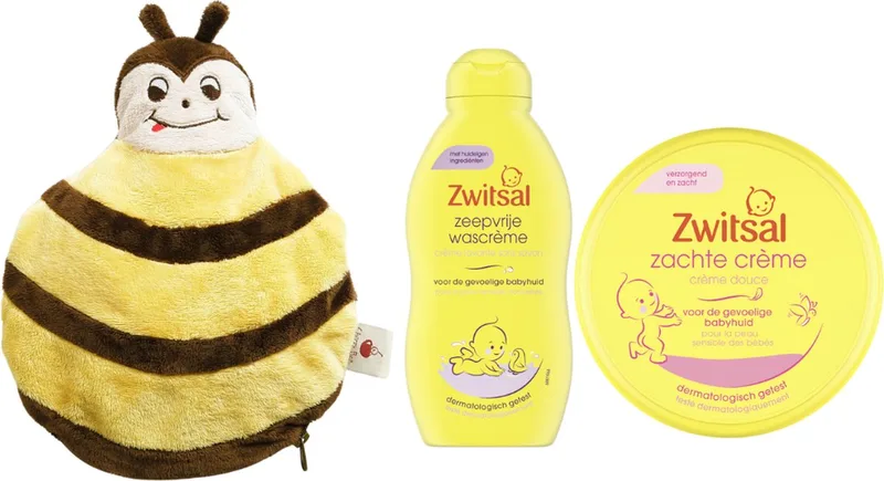 Cadeauset Baby & Cherry Belly Warmteknuffel Bijtje - Zwitsal Zachte Creme Pot - Zwitsal Wascreme - Cherry Belly Baby Warmteknuffel de Zwitsal en Marron – photo produit
