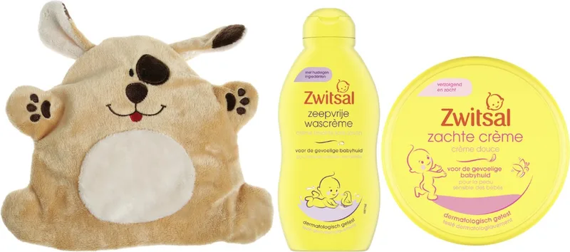 Cadeauset Baby & Cherry Belly Warmteknuffel Hond - Zwitsal Zachte Creme Pot - Zwitsal Wascreme - Cherry Belly Baby Warmteknuffel de Zwitsal en Marron – photo produit
