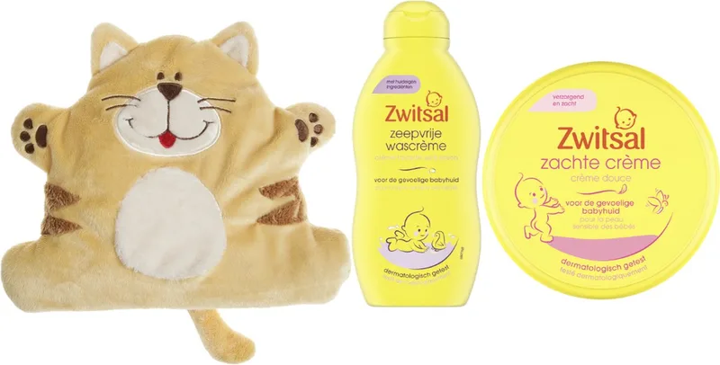 Cadeauset Baby & Cherry Belly Warmteknuffel Kat - Zwitsal Zachte Creme Pot - Zwitsal Wascreme - Cherry Belly Baby Warmteknuffel de Zwitsal en Marron – photo produit