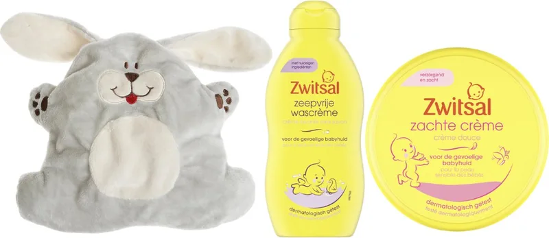 Cadeauset Baby & Cherry Belly Warmteknuffel Konijn - Zwitsal Zachte Creme Pot - Zwitsal Wascreme - Cherry Belly Baby Warmteknuffel van Zwitsal in Geel – productfoto