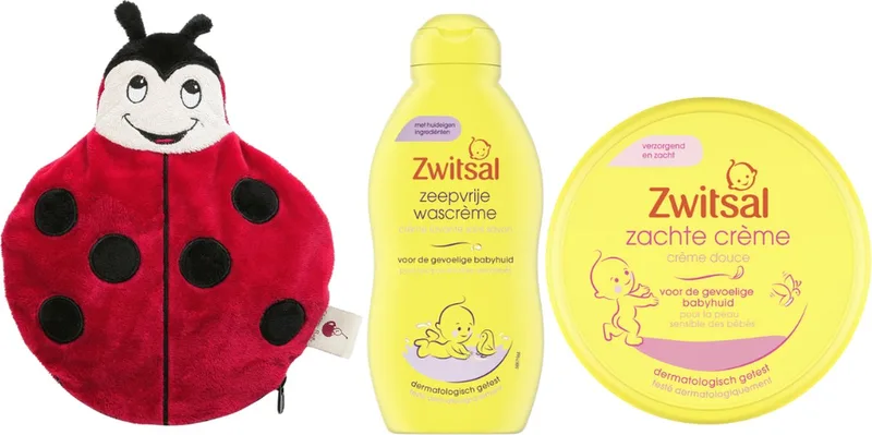 Cadeauset Baby & Cherry Belly Warmteknuffel Lieveheersbeestje - Zwitsal Zachte Creme Pot - Zwitsal Wascreme - Cherry Belly Baby Warmteknuffel van Zwitsal in Zwart – productfoto