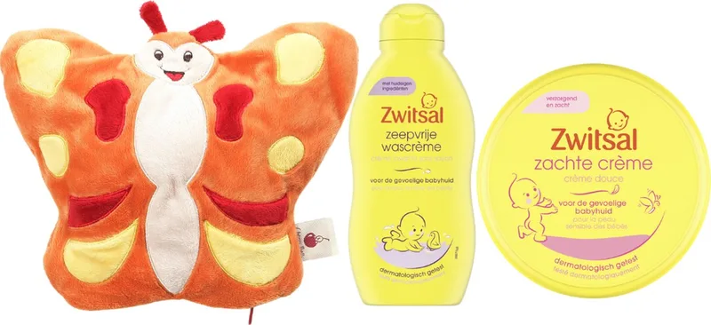 Cadeauset Baby & Cherry Belly Warmteknuffel Vlinder - Zwitsal Zachte Creme Pot - Zwitsal Wascreme - Cherry Belly Baby Warmteknuffel de Zwitsal en Jaune – photo produit