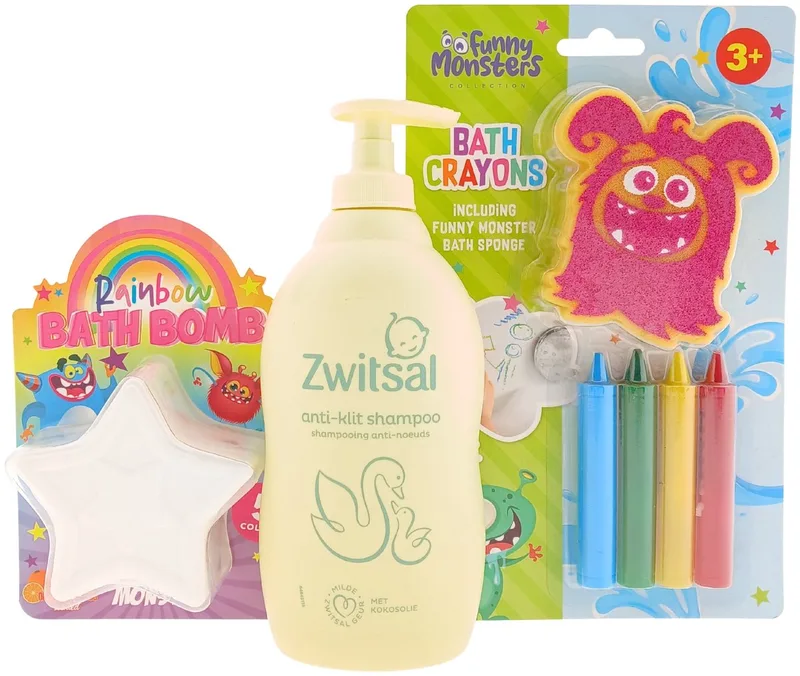 Kids Cadeauset Bad & Shampoo – 3-delig – Shampoo + Badkrijt + Bath Bomb – Cadeau voor kinderen van Zwitsal – productfoto