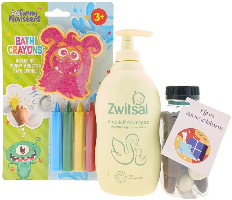 Kids Sinterklaas Cadeauset – 3-delig – Shampoo + Badkrijt + Kruidnoten – Cadeau voor kinderen de Zwitsal en Multicolore – photo produit