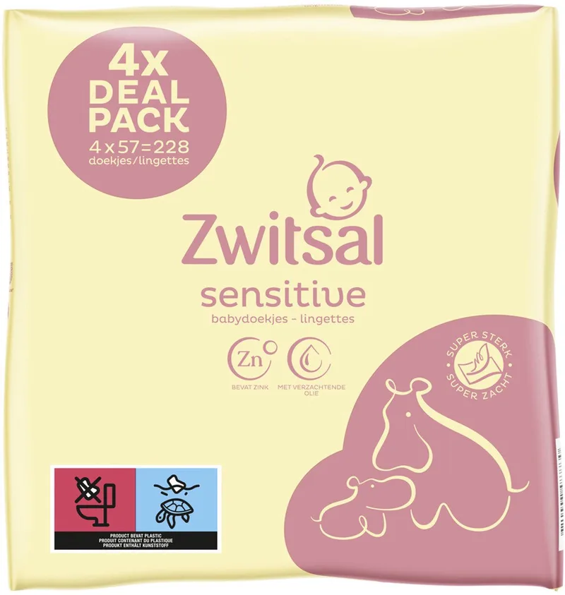 Sensitive Billendoekjes - 4 pakken - 57 doekjes per pak - 228 doekjes van Zwitsal – productfoto