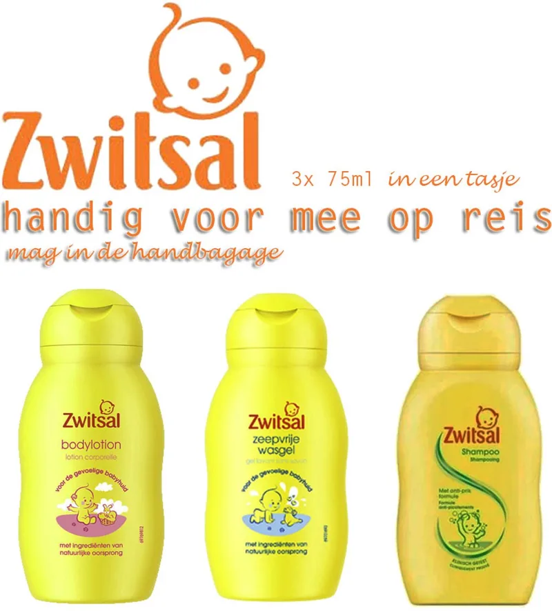 Set : Zwitsal mini's - baby verzorging- shampoo, bodylotion en zeepvrije wasgel 75ml in een tasje van medsense® van Zwitsal – productfoto